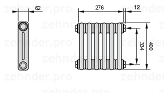 Схема (чертеж) Радиатор Zehnder Charleston 2040/6 №7610 Белый глянцевый RAL 9016